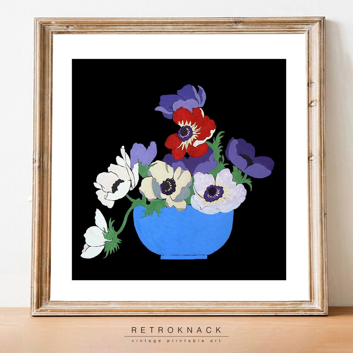 Anemones Blue Vase Black Background Art Deco Floral Still Life Poster - Image 2