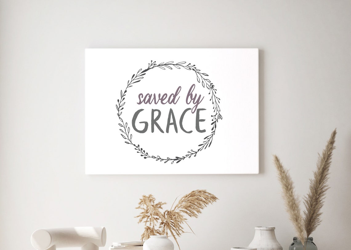 Saved by Grace Botanical Wreath Hanging Sign Bible Verse Poster - Image 2