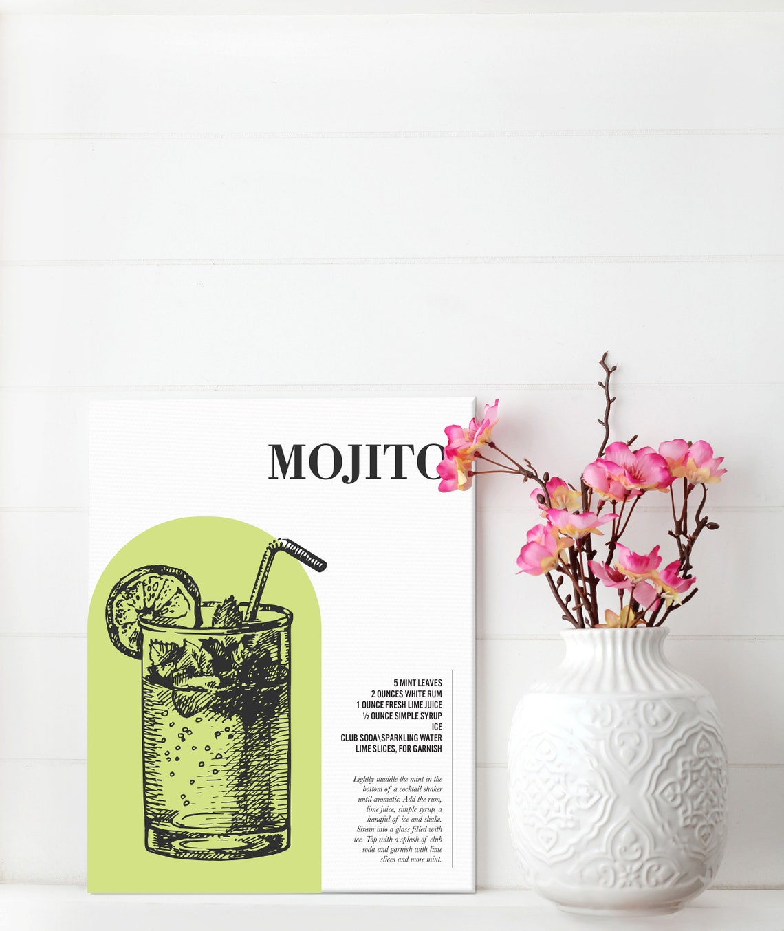 Mojito Cocktail Recipe Illustration with Arch Green Bar Cart Poster - Image 3