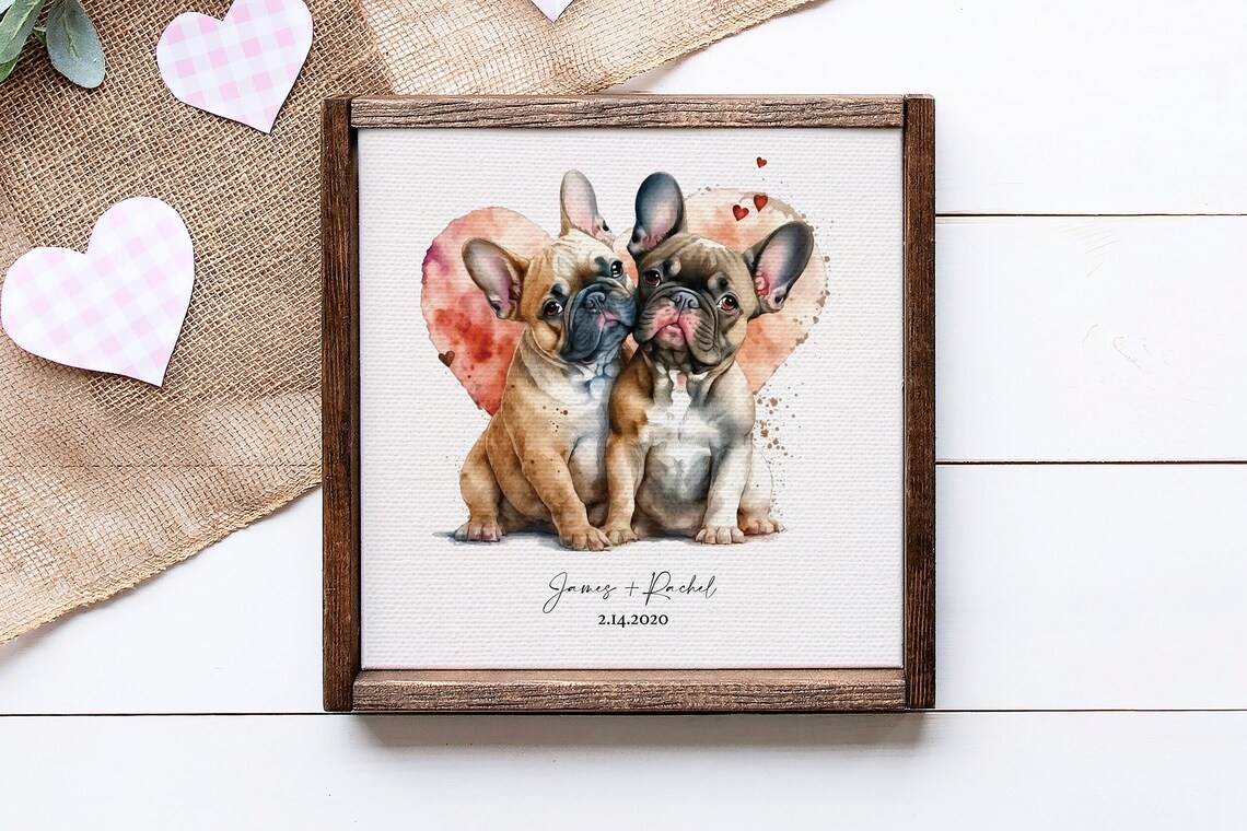 Custom Watercolor French Bulldog Couple Pet Portrait Gift Poster