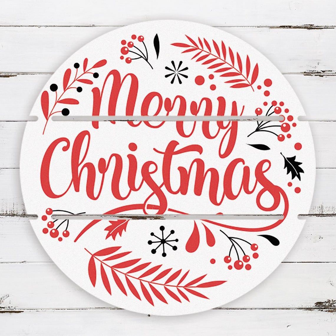 Red Script Merry Christmas Wood Slice Round Holiday Sign Poster - Image 3