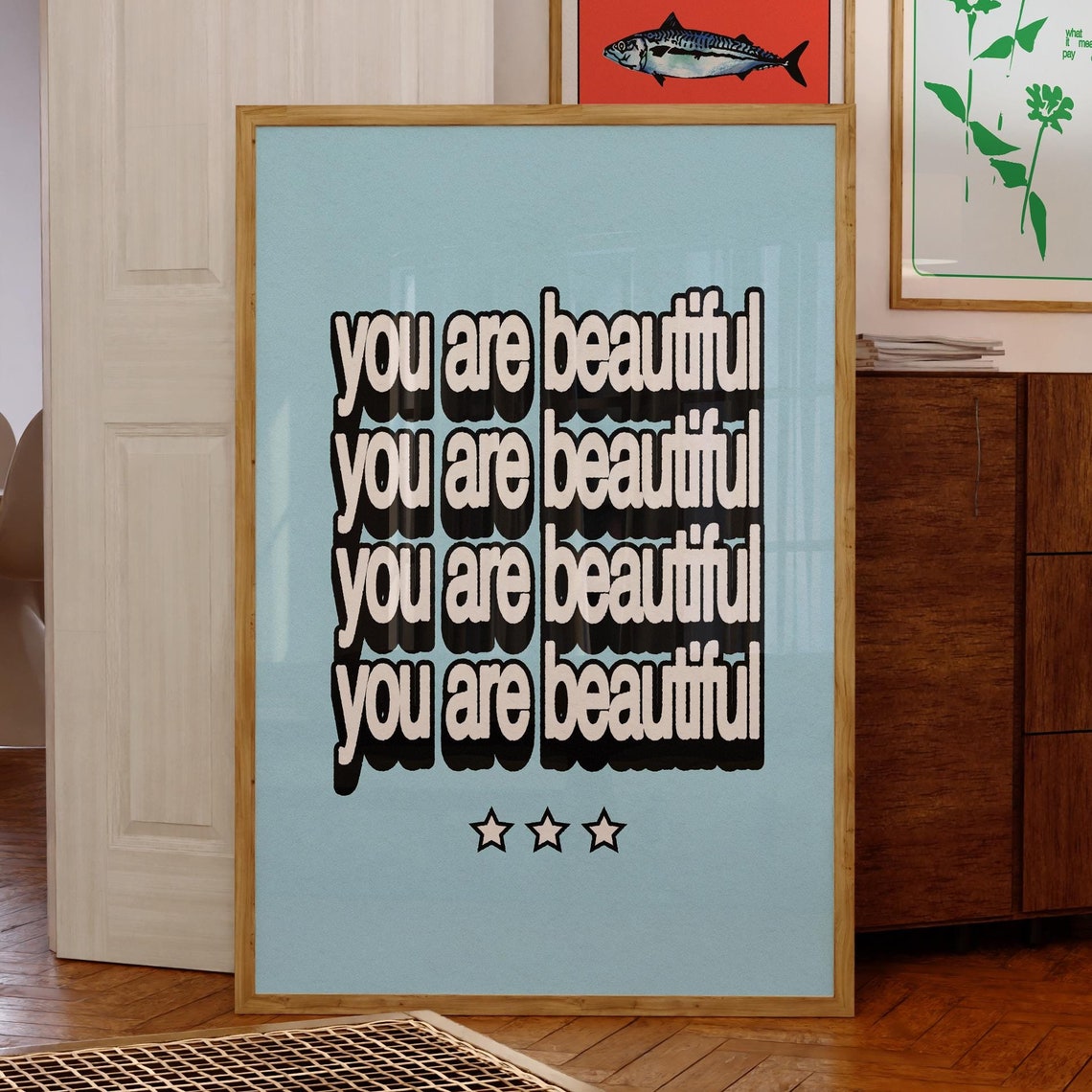 You Are Beautiful Repeated Retro Quote Light Blue Wall Poster