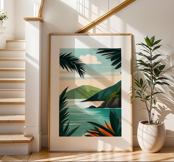 Tropical Beach Cove Retro Palm Illustration Coastal Travel Poster