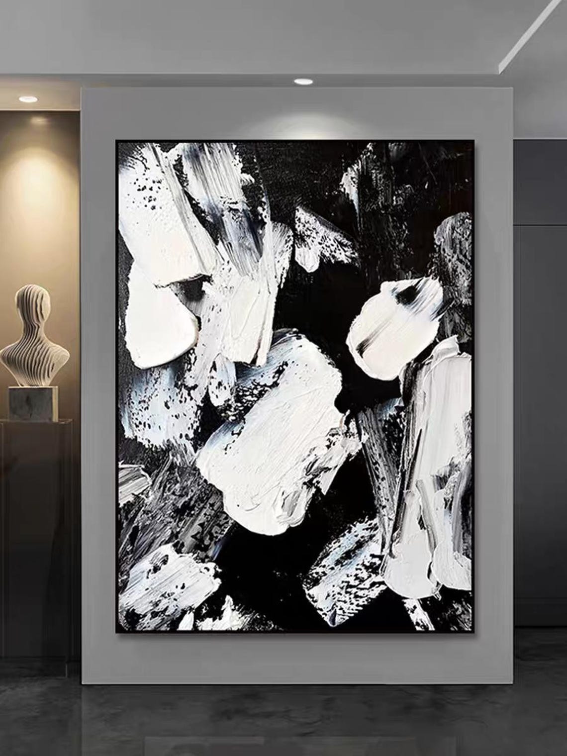 Black White Heavy Brushstroke Blobs Expressive Abstract Poster - Image 2