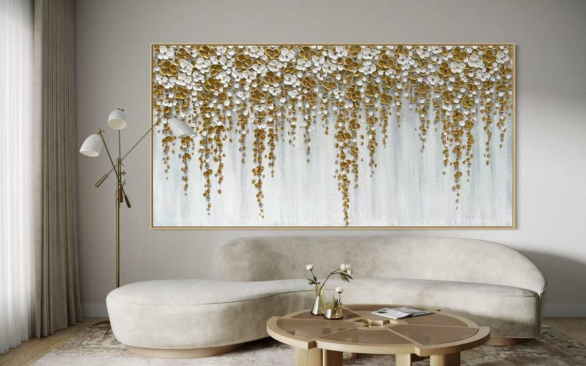 Cascading Gold and White Blossom Wisteria Vines Textured Poster - Image 3