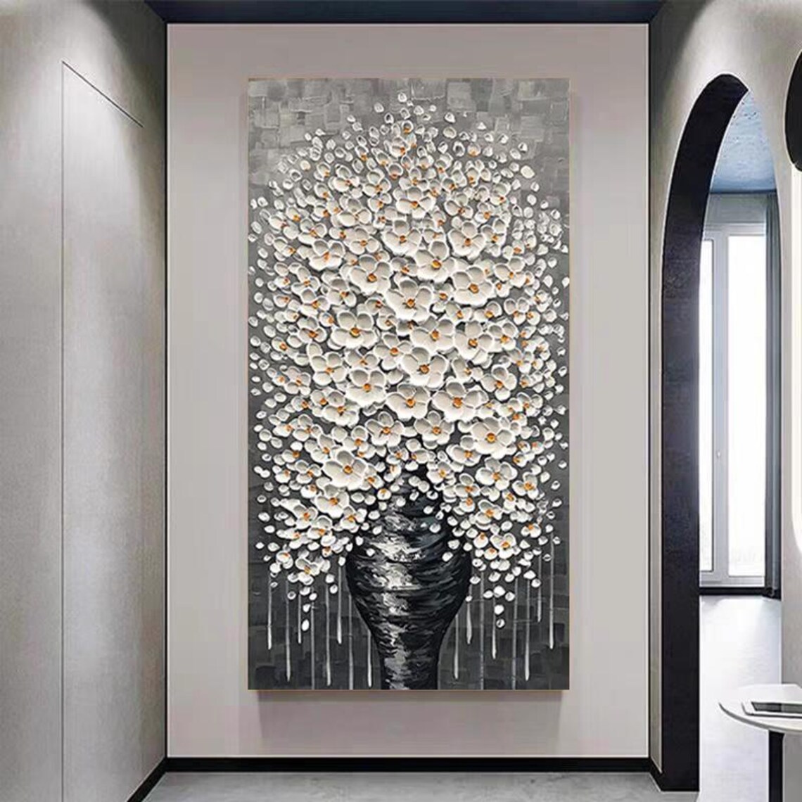 Black Vase with White Flowers Textured Abstract Floral Wall Art - Image 3