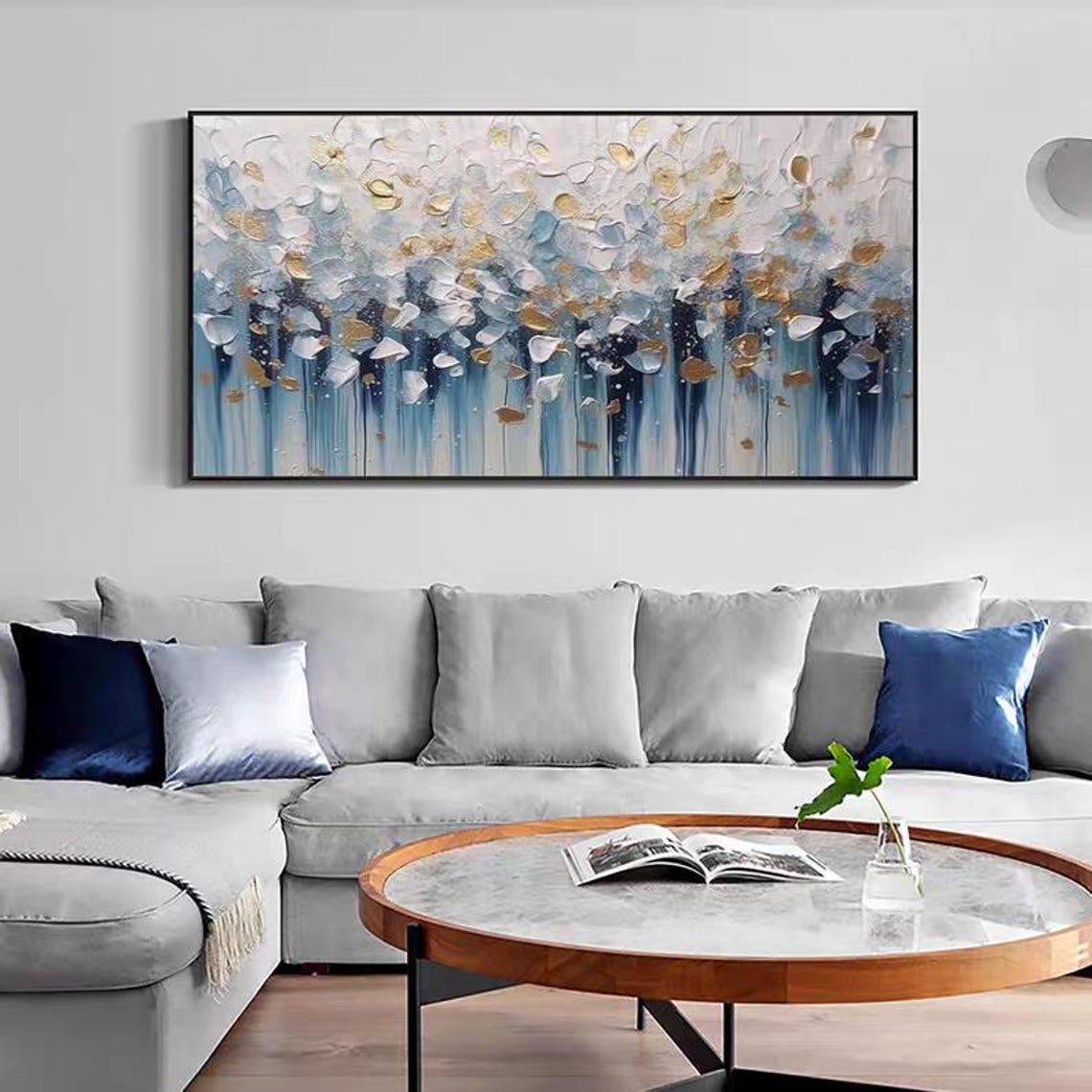 Blue White Gold Falling Petals Abstract Horizontal Textured Poster - Image 3