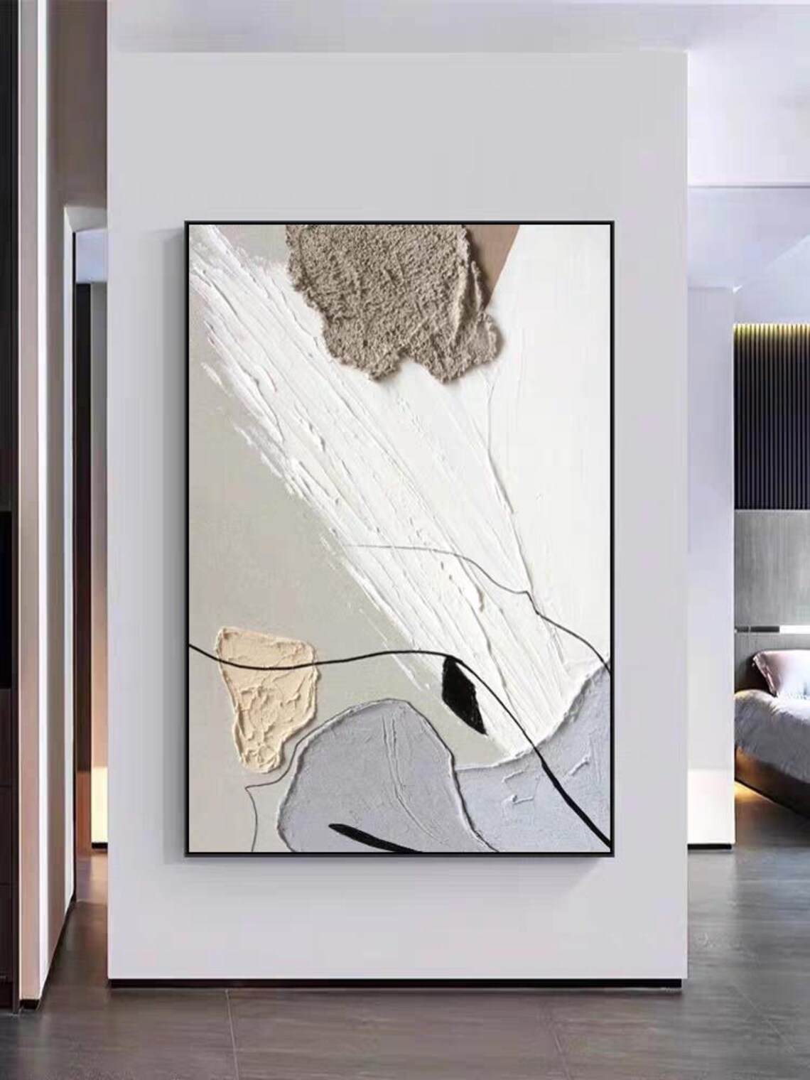 Abstract Wall Art White Gray Blue Oil Painting On Line Color Block Acrylic Art Thick Textured Painting Original Custom Home Decor - Image 2