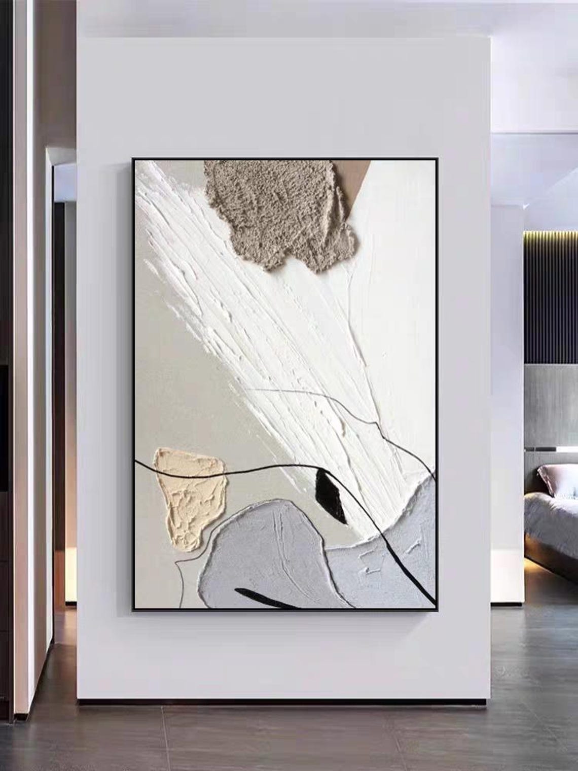 Sweeping White and Grey Brushstrokes with Black Line Abstract Poster - Image 2