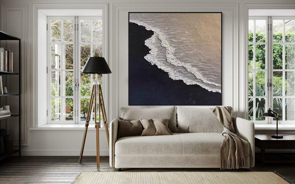 Gold White Foamy Ocean Waves on Black Square Textured Sea Poster - Image 2