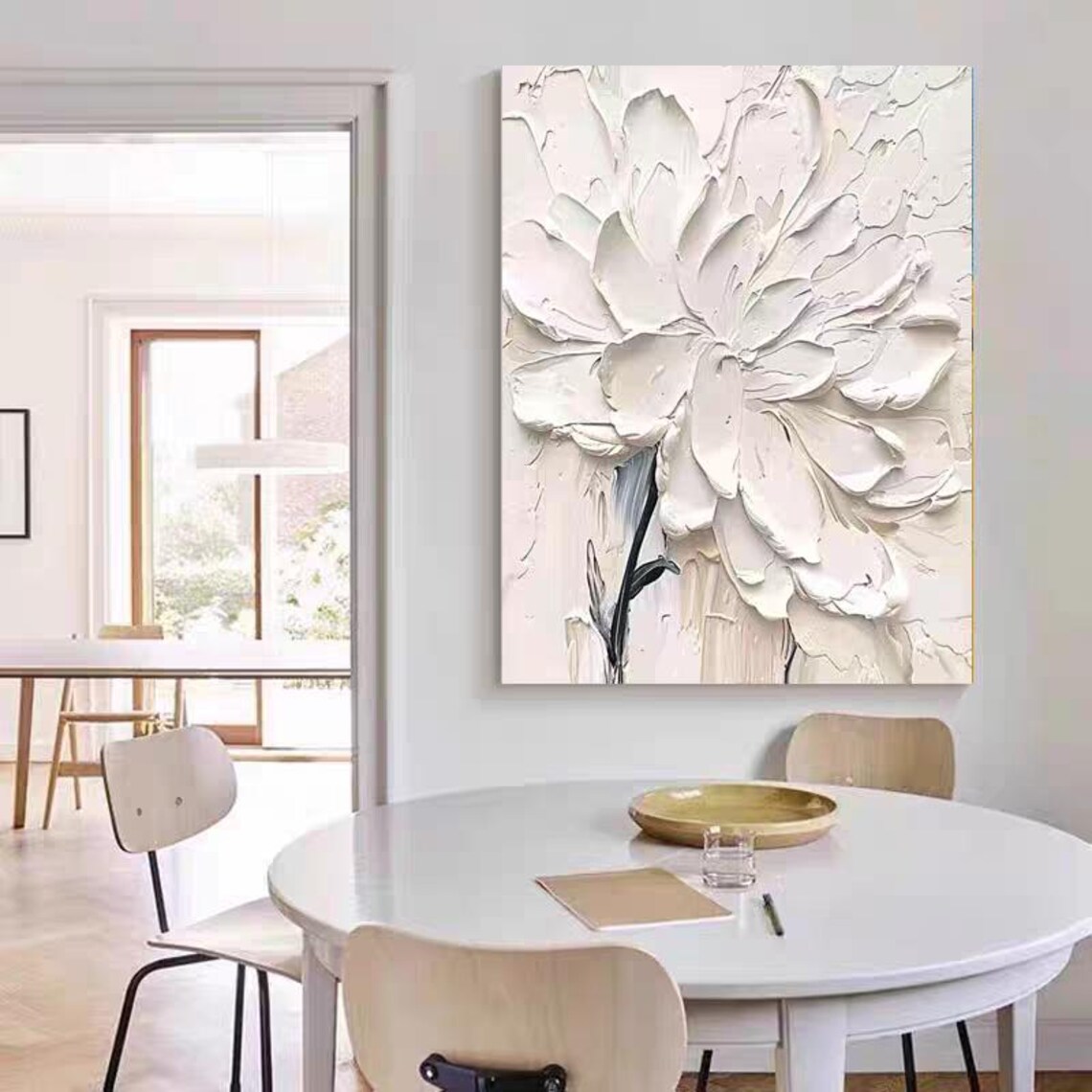 Large White Blooming Flower Textured Floral Wall Art Vertical - Image 3