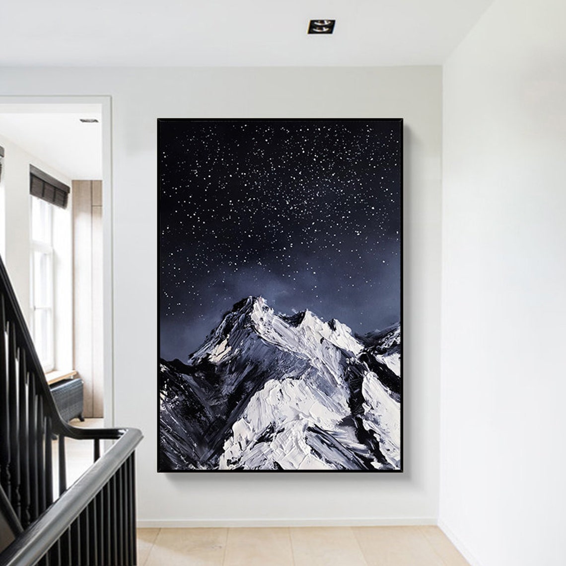 Snowy Mountains With Starry Night Acrylic Painting On Hand Painted Thick Texture Wall Decor Nighttime Winter Art Romantic Gift - Image 2