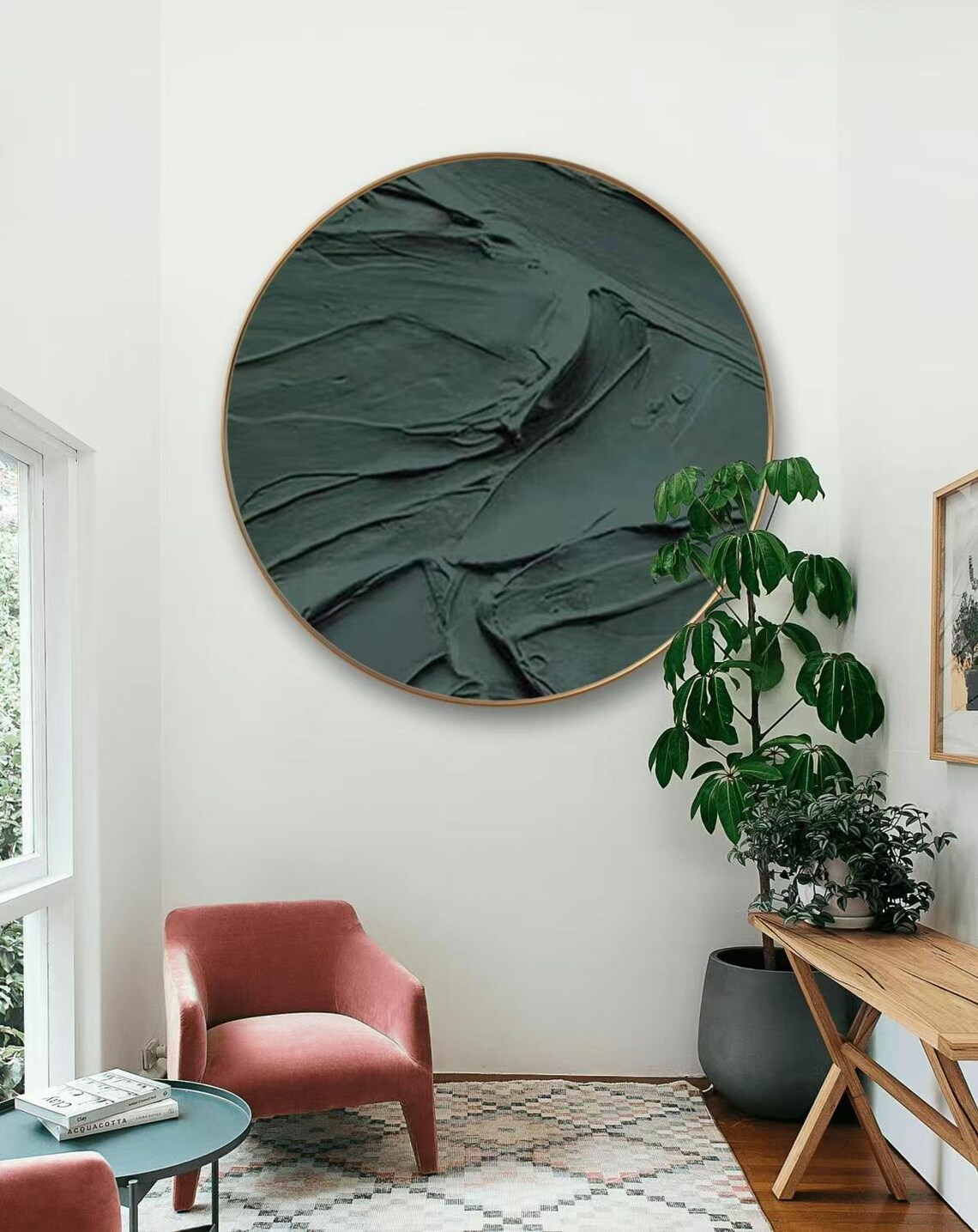 Circle Thick Textured Wall Art Green Tone Acrylic Painting Abstract Wall Decor For Living Home Hand Painted Brushstrokes Art On - Image 3