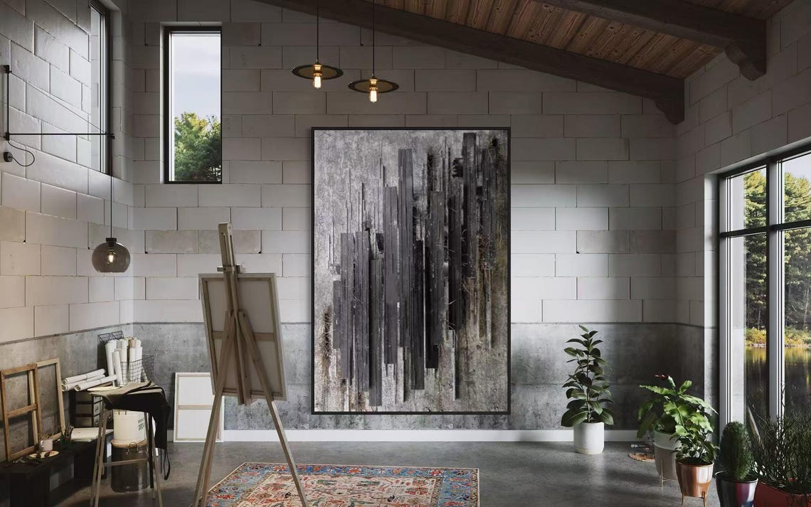 Dark Gray Tall Pillar Abstract Night Textured Vertical Art Poster - Image 2
