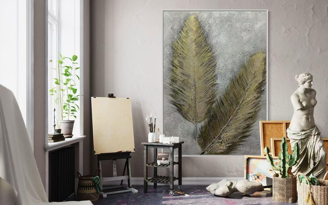 Gold Feather Oil Art Vertical Brushstroke Handmade Painting Sliver Background Thick Texture Acrylic Art Abstract Home Wall Decor - Image 2
