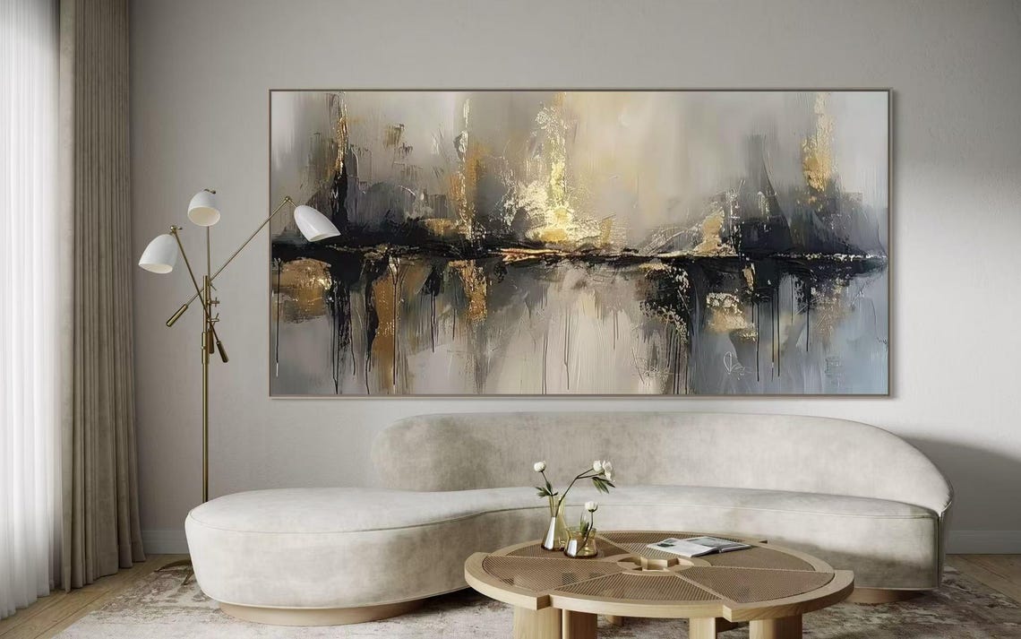 Brooding Black and Gold Streaked Horizon with Drips Abstract Poster - Image 3
