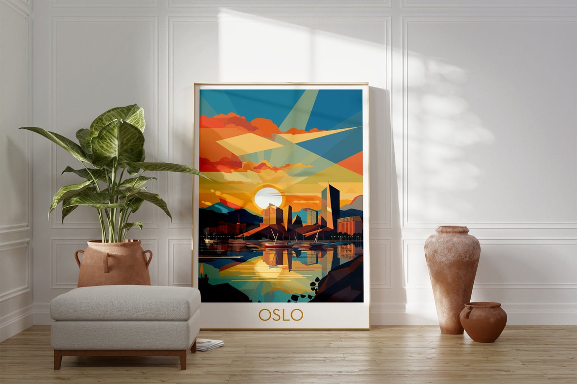 Oslo Norway Sunset Harbor Geometric Retro Pop Art Travel Poster - Image 4