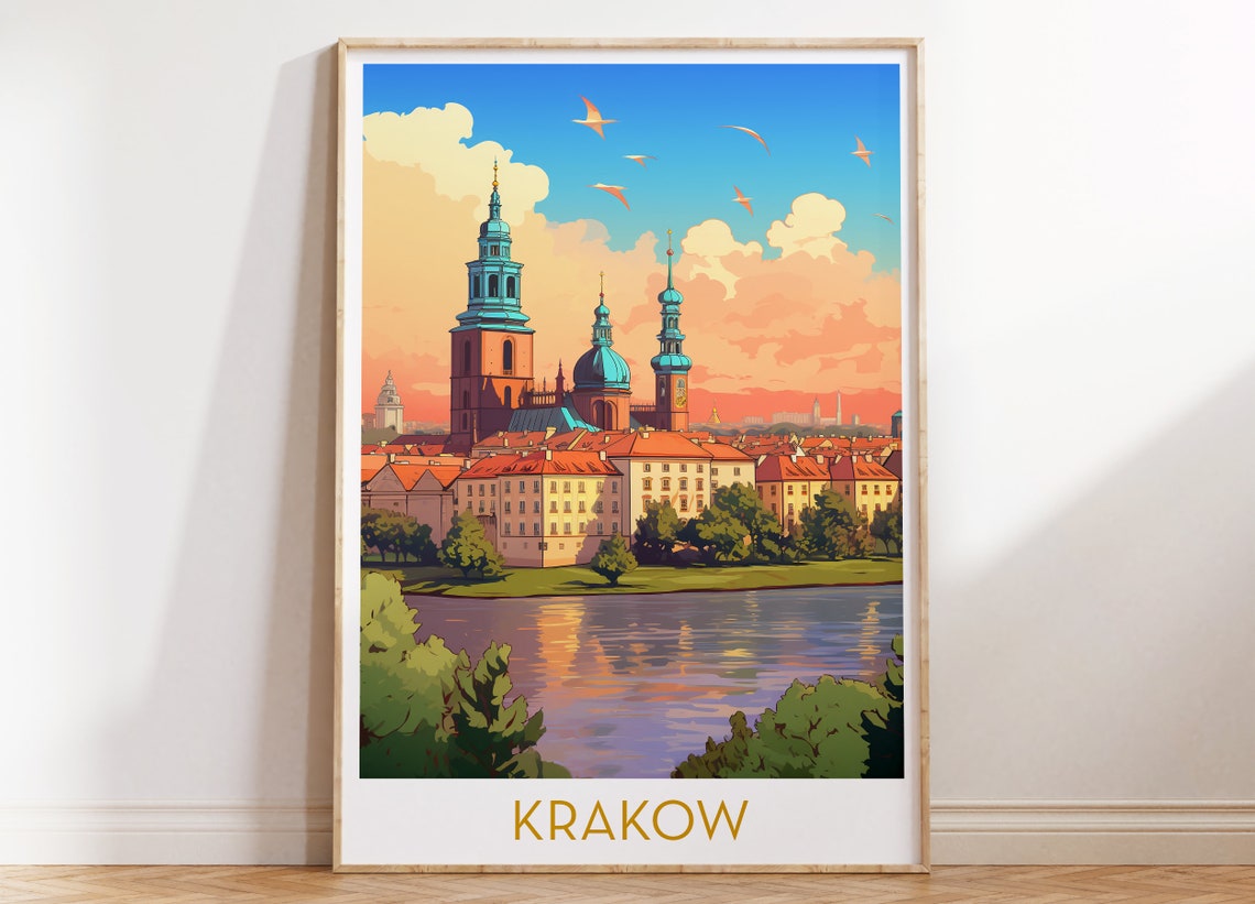 Krakow Old Town Church Towers Riverside Sunset Travel Poster