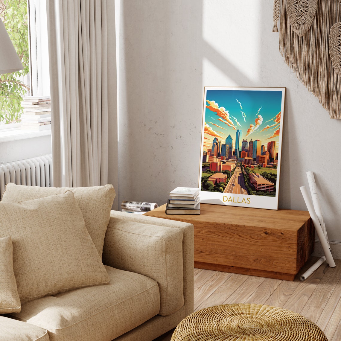 Dallas Texas Sunset Skyline Retro Clouds Illustration Travel Poster - Image 3
