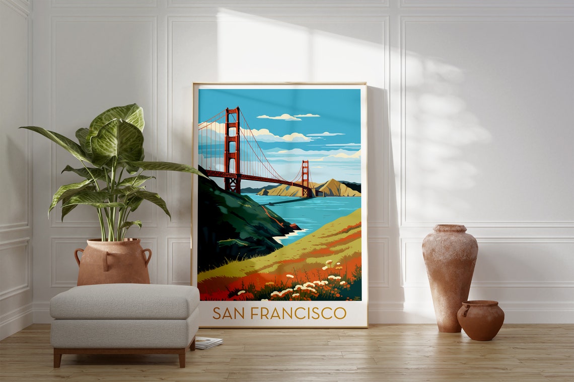 San Francisco California Poster with Golden Gate Bridge and Hills - Image 2