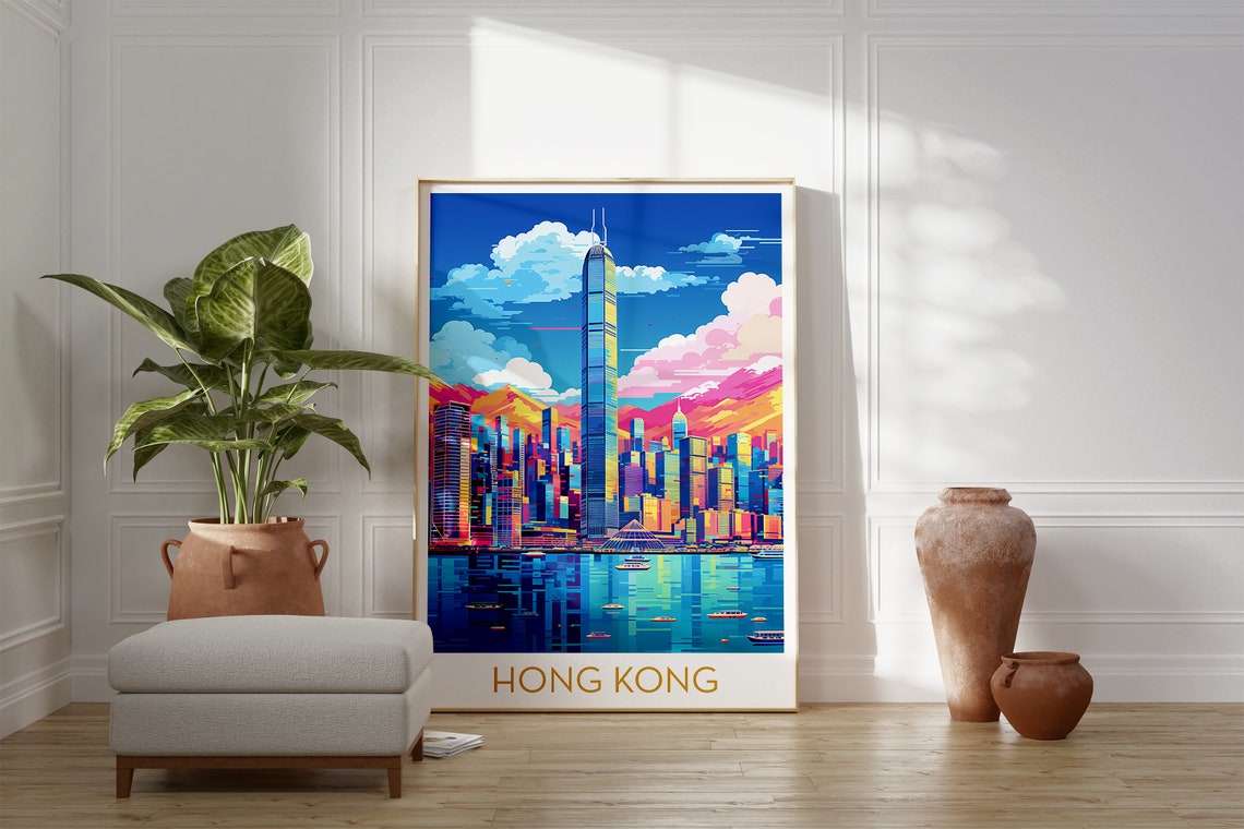 Hong Kong City Skyline Pop Art Poster with Colorful Harbor Lights - Image 2