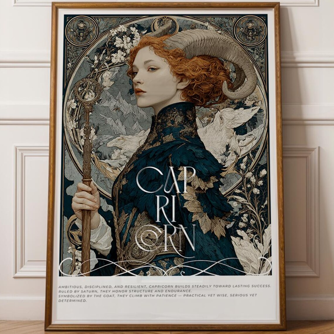 Ambitious Capricorn Zodiac Art Nouveau Ram Horned Woman Poster