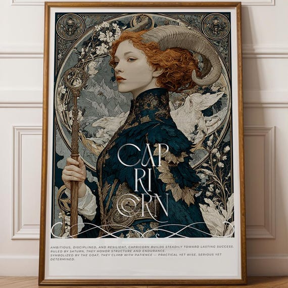 Capricorn Wall Art Zodiac Astrology Print Alphonse Mucha Style Illustration