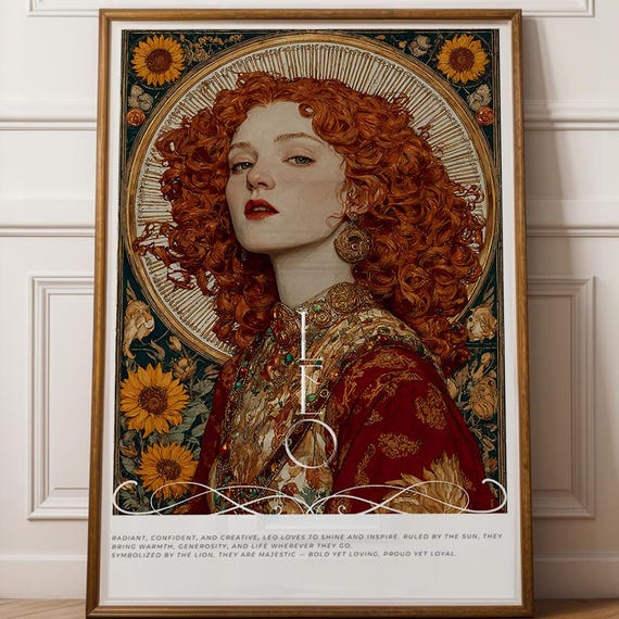 Leo Wall Art Zodiac Astrology Print Alphonse Mucha Style Illustration