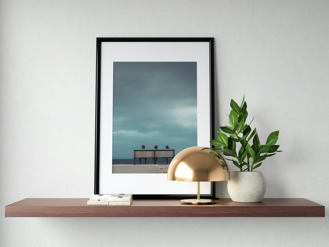 Couple on Bench Seaside Photo Print Moody Ocean Photography Wall Decor - Image 2