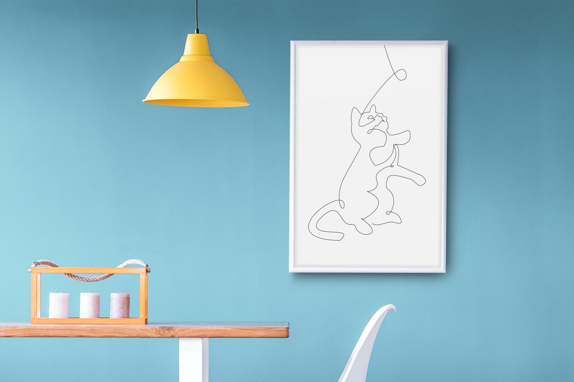 Minimalist One Line Drawing Cat Playing With String Art Decor Print - Image 2