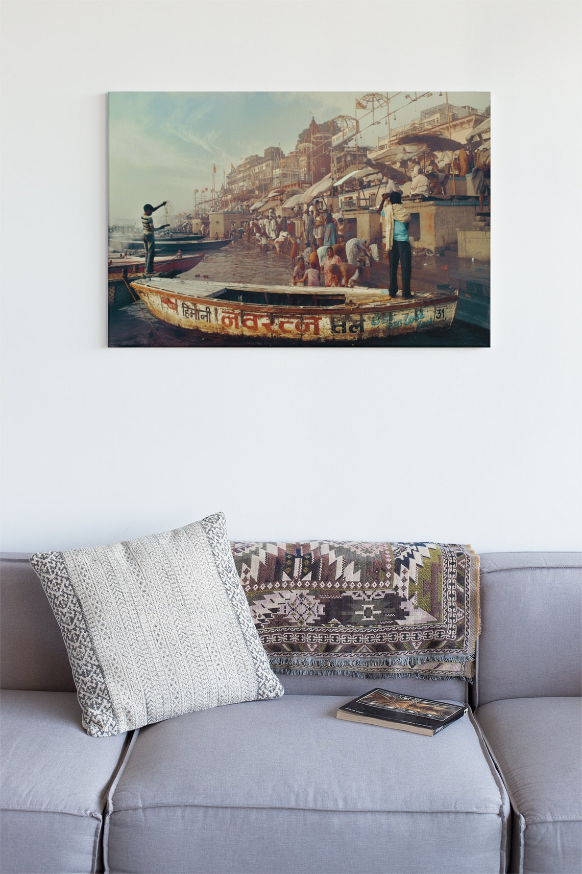 Varanasi India Ghat River Boats And Bathing People Photo Print Decor - Image 2