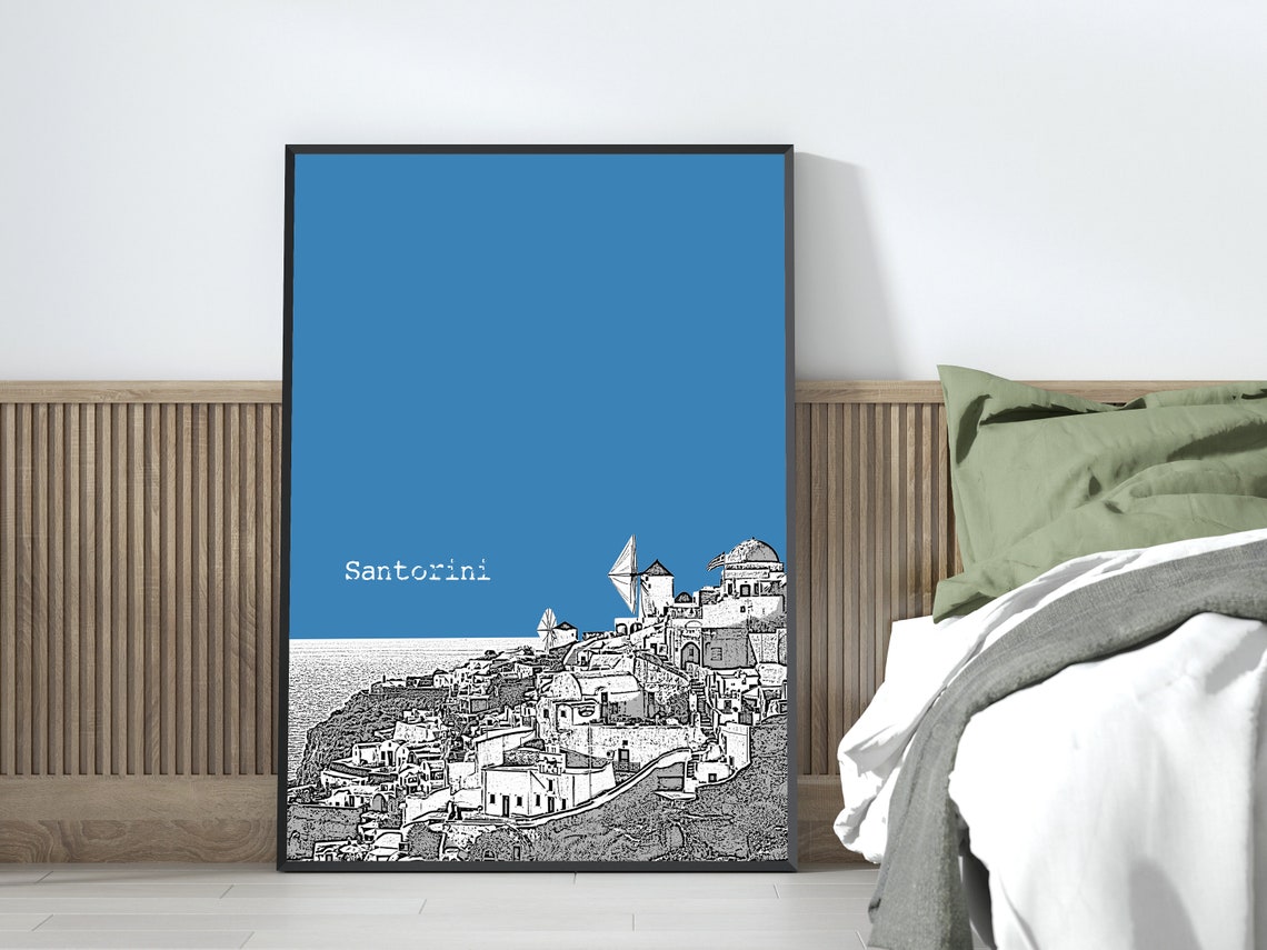Santorini Greece Windmills Color Block Poster With Custom Sky Color - Image 3