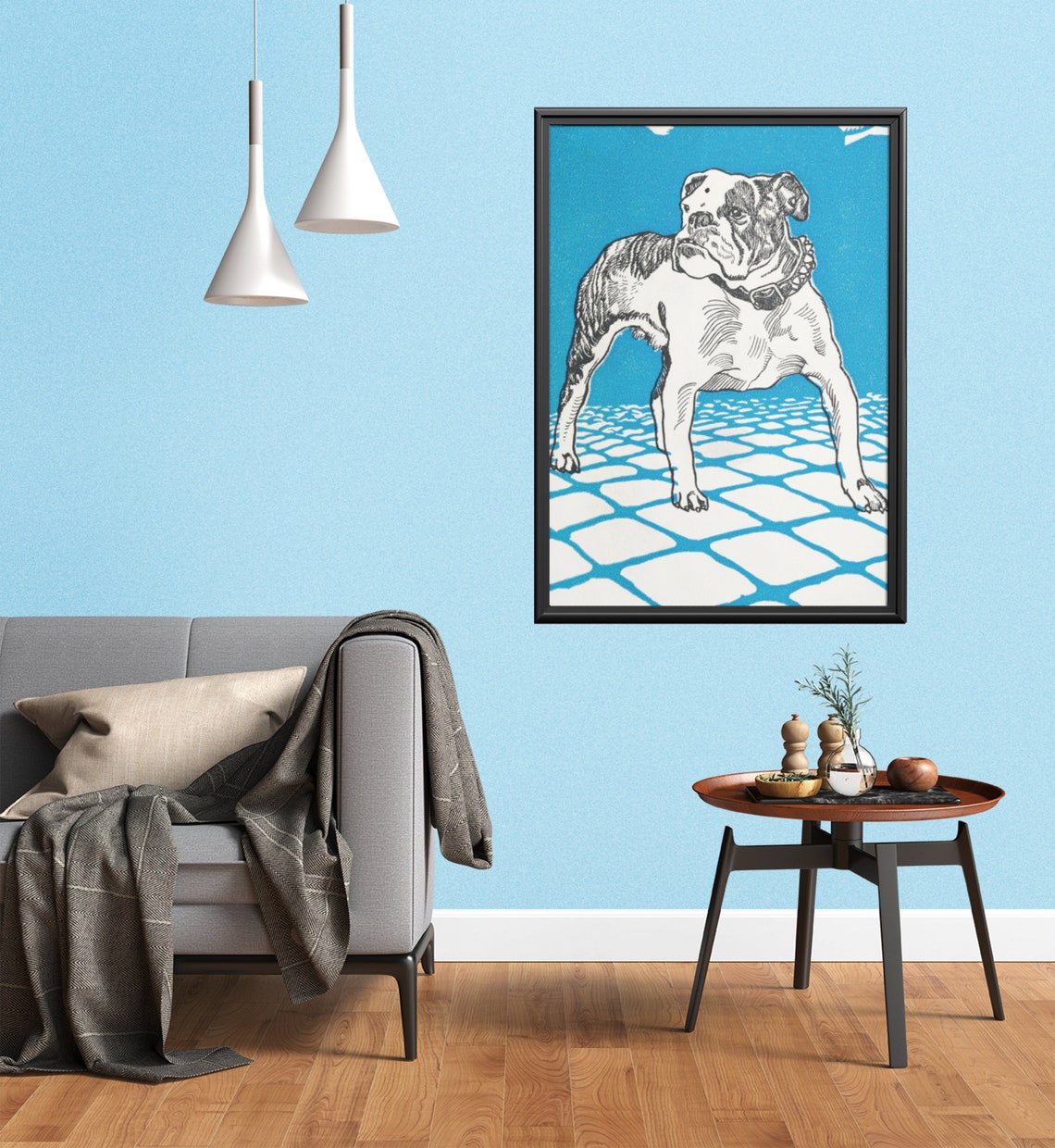 Vintage British Bulldog Dog Illustration Blue Pop Art Poster - Image 2