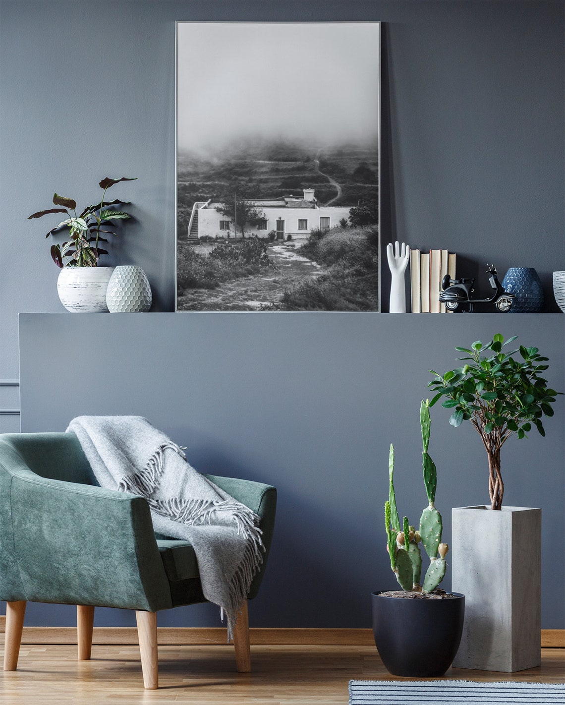 Foggy Black And White Farmhouse On Hill Moody Rural Photo Poster - Image 2