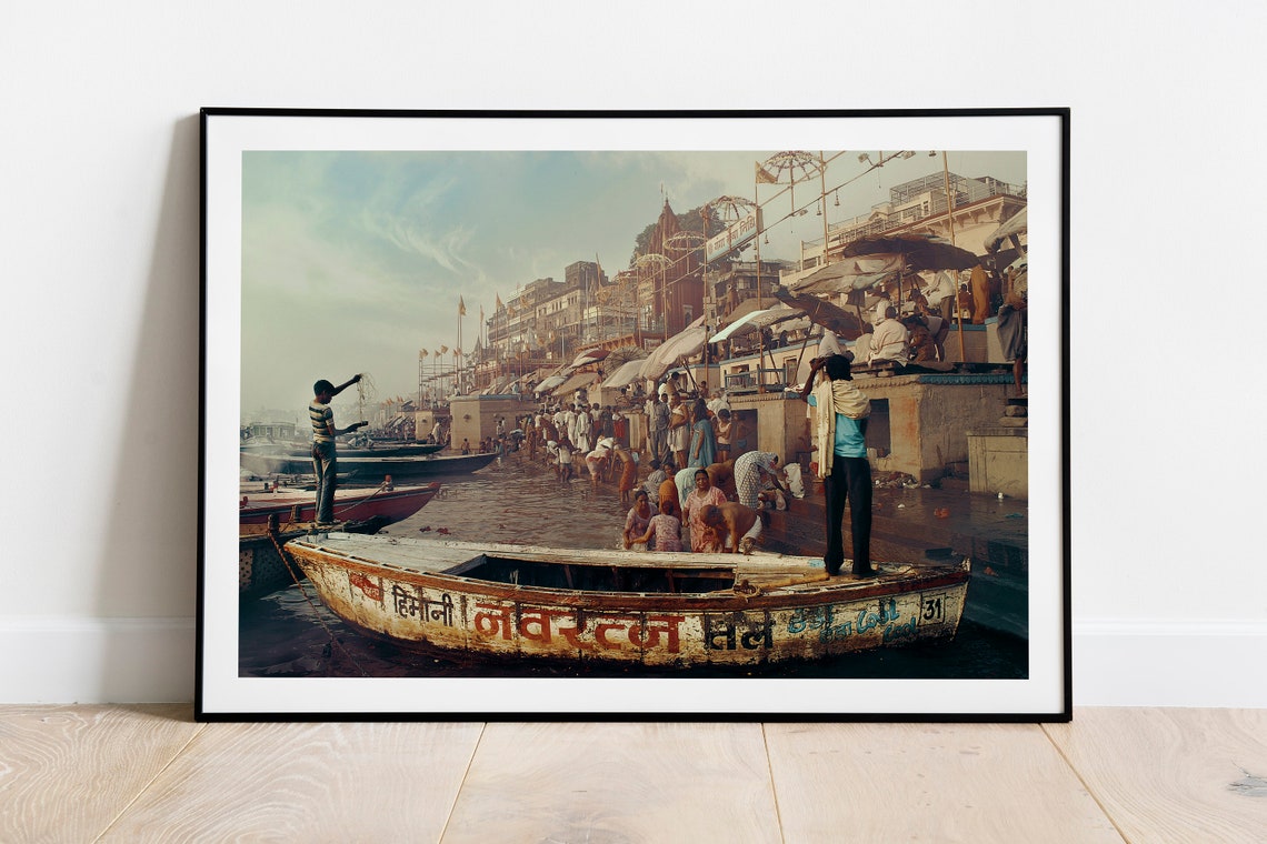 Varanasi India Ghat River Boats And Bathing People Photo Print Decor