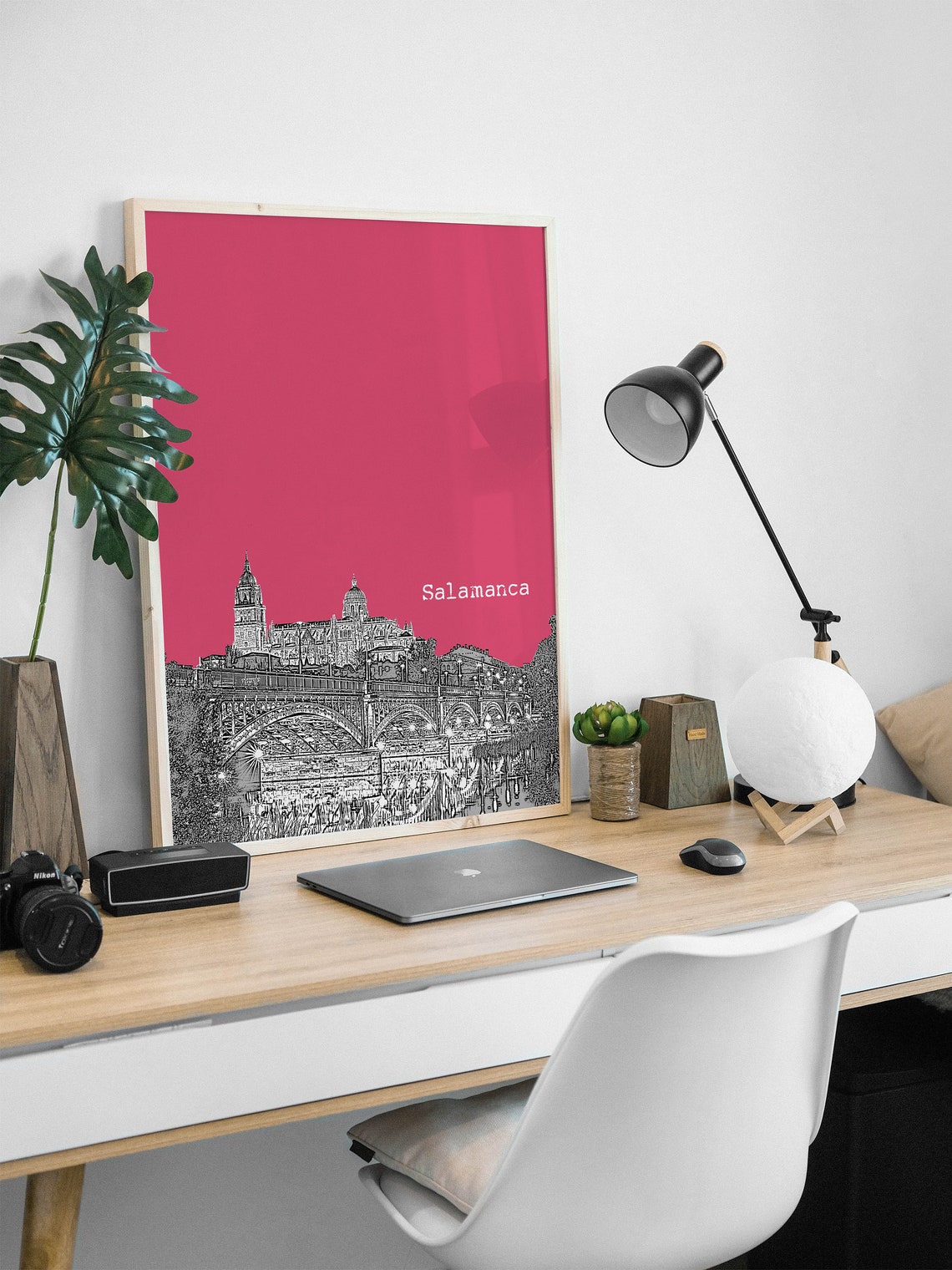 Salamanca Pink Pop Art Cathedral Bridge Skyline Sketch Print Decor - Image 2