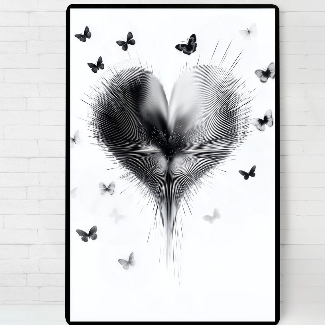 Black White Heart Burst Butterflies Monochrome Love Artwork Poster