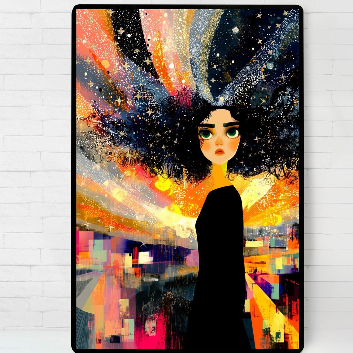 Cosmic Dreams Starry Hair Woman Abstract Portrait Artwork Poster