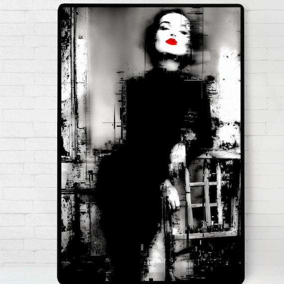 Woman With Red Lipstick Noir Glitch Portrait Art Style Poster