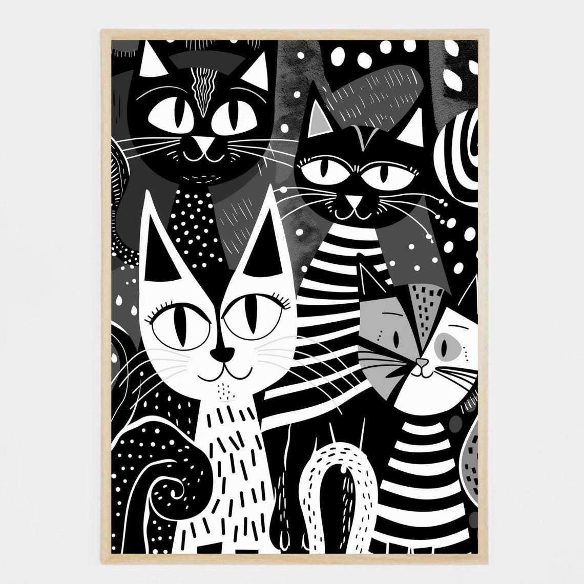 Four Black White Cats Doodle Pattern Playful Kitty Art Poster