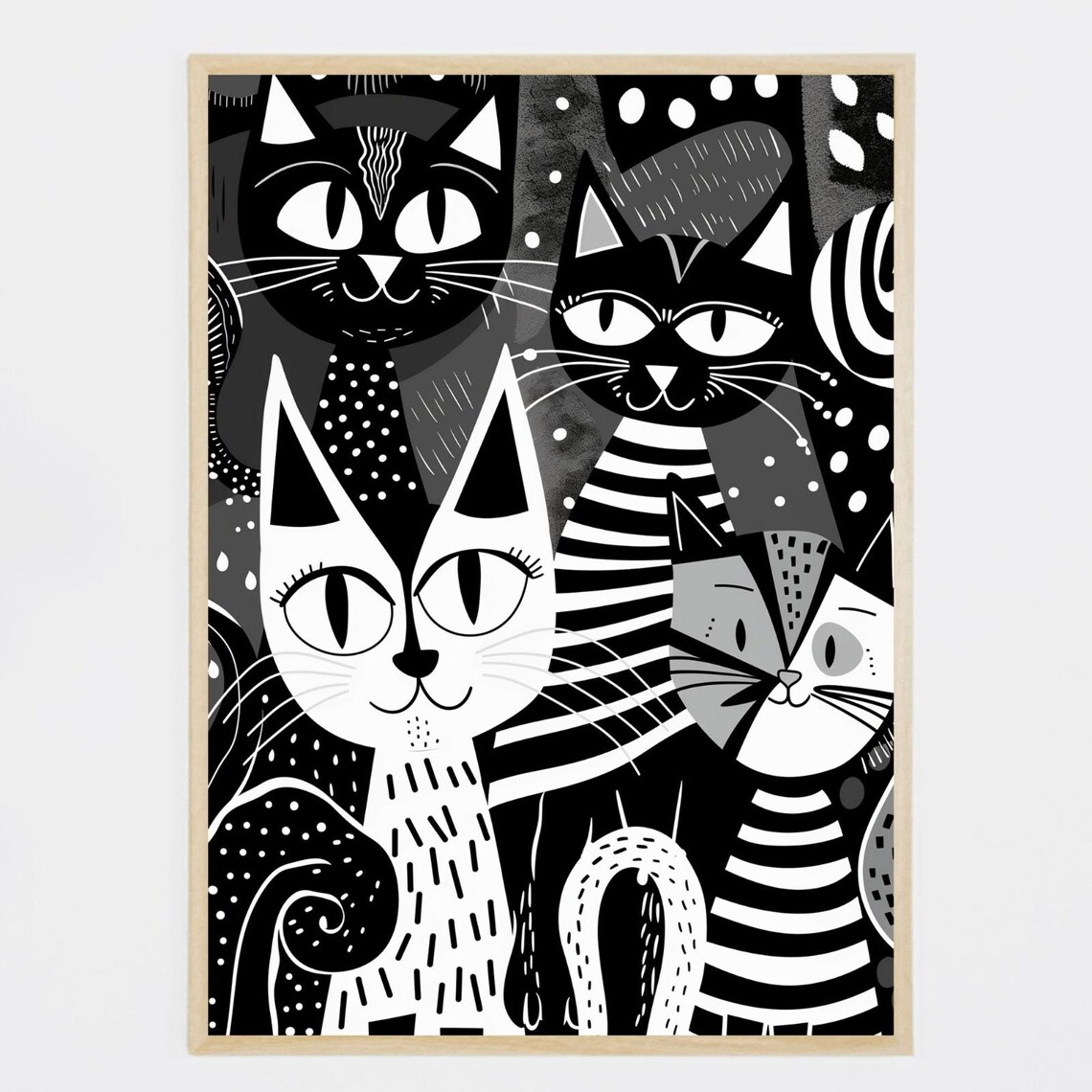 Minimalist Cats Art Print Black And White Illustration
