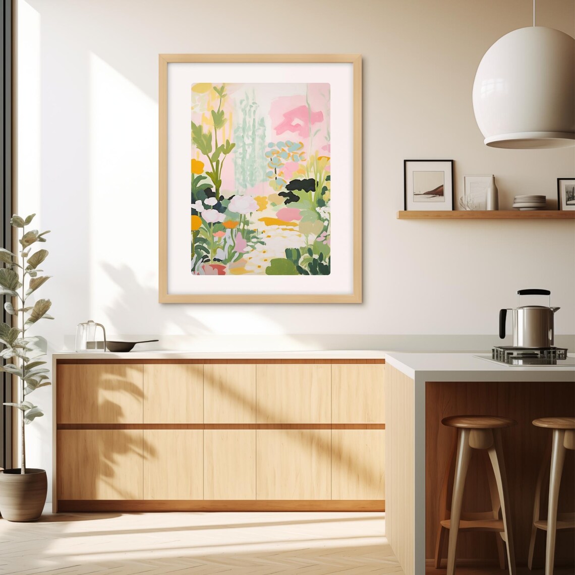 Colorful Blooming Garden Scene in Pink Yellow and Mint Poster - Image 2