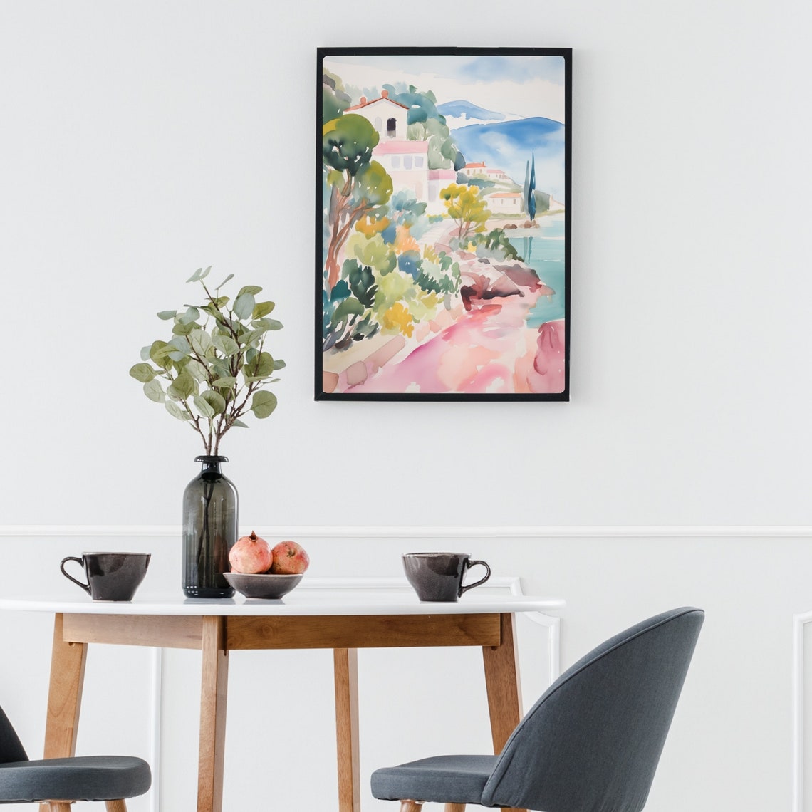 Greek Island Seaside Hillside Villa with Cypress Watercolor Poster - Image 3