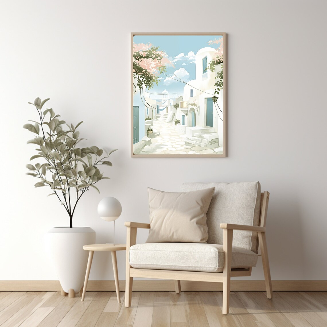 Santorini Style White Village Lane Watercolor Illustration Poster - Image 2