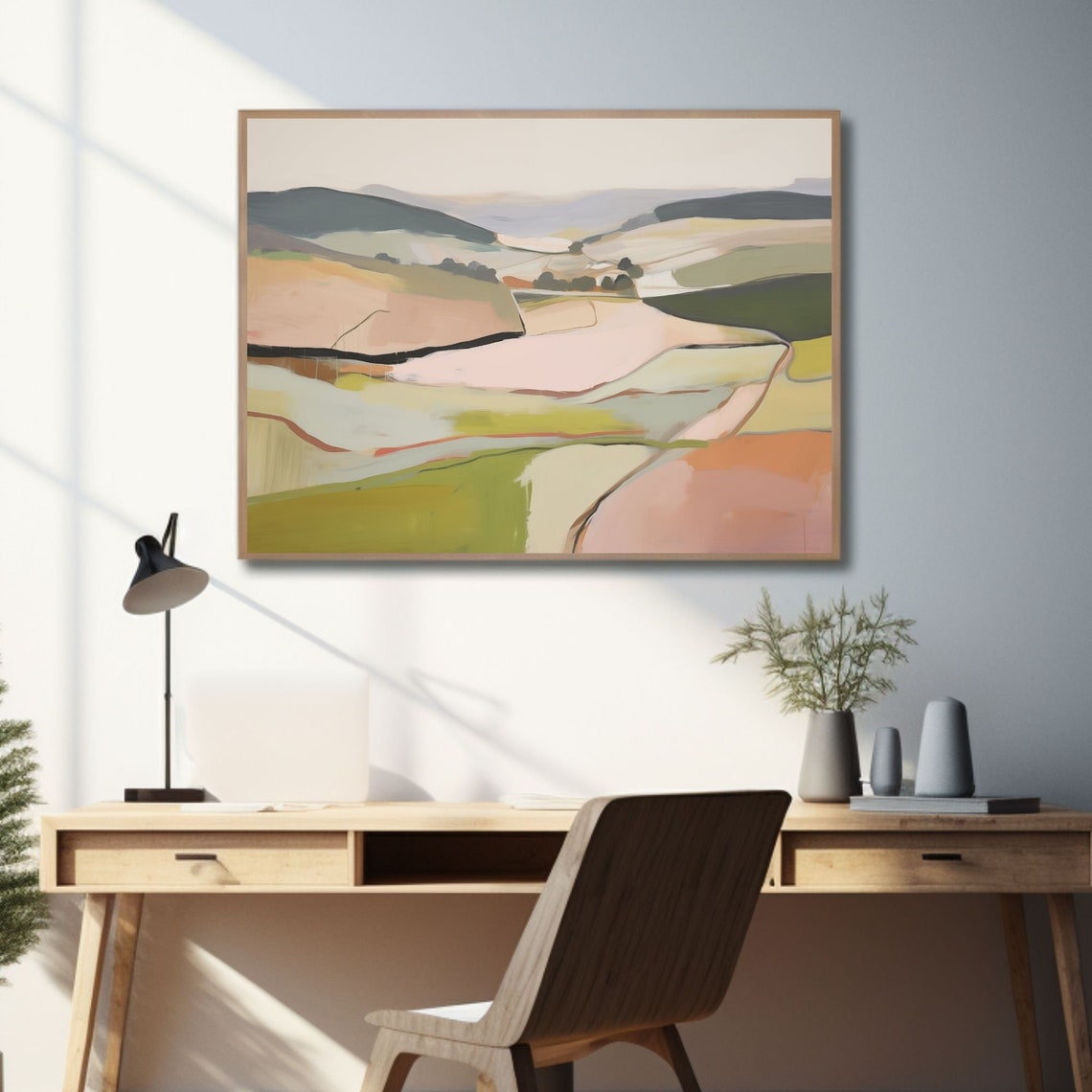 Rolling Pink Hills and Olive Green Abstract Countryside Poster - Image 2