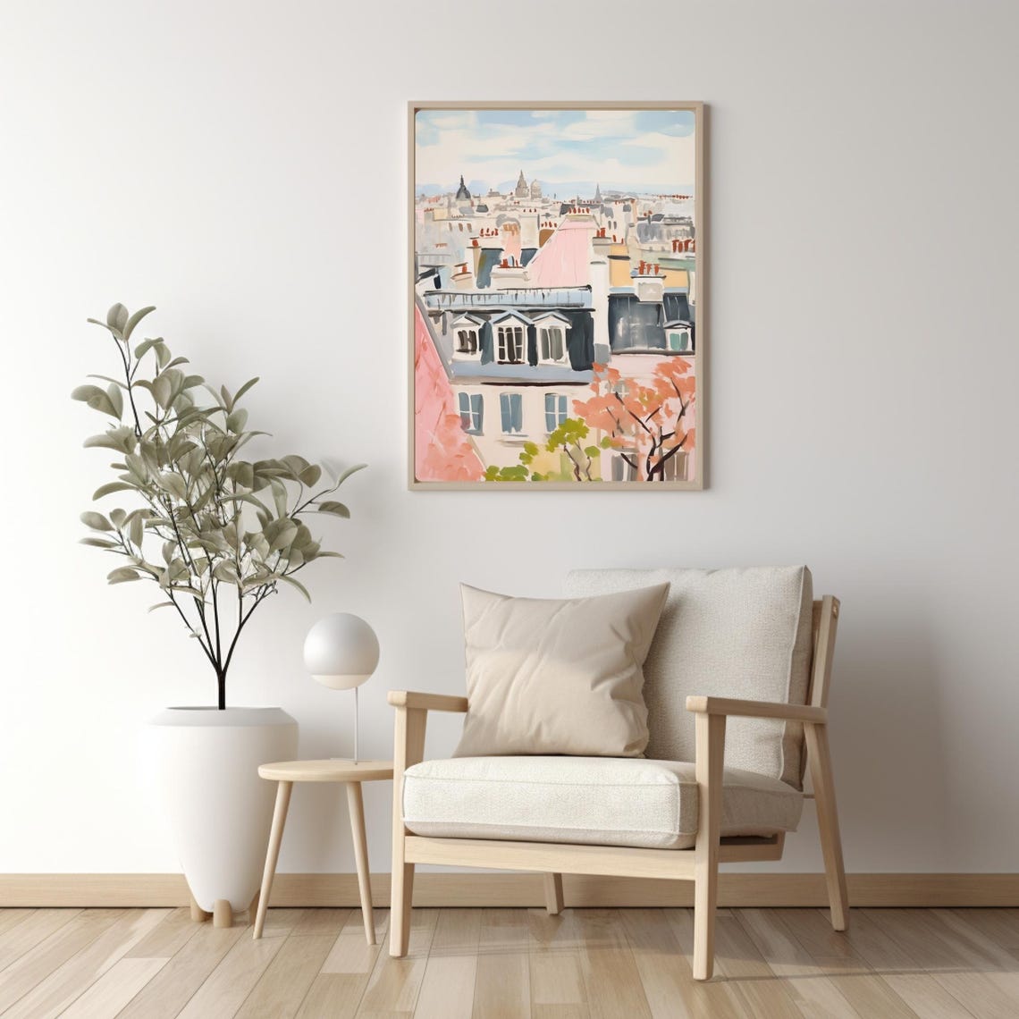 Paris Rooftops Over Montmartre With Pink Blossom Watercolor Poster - Image 2