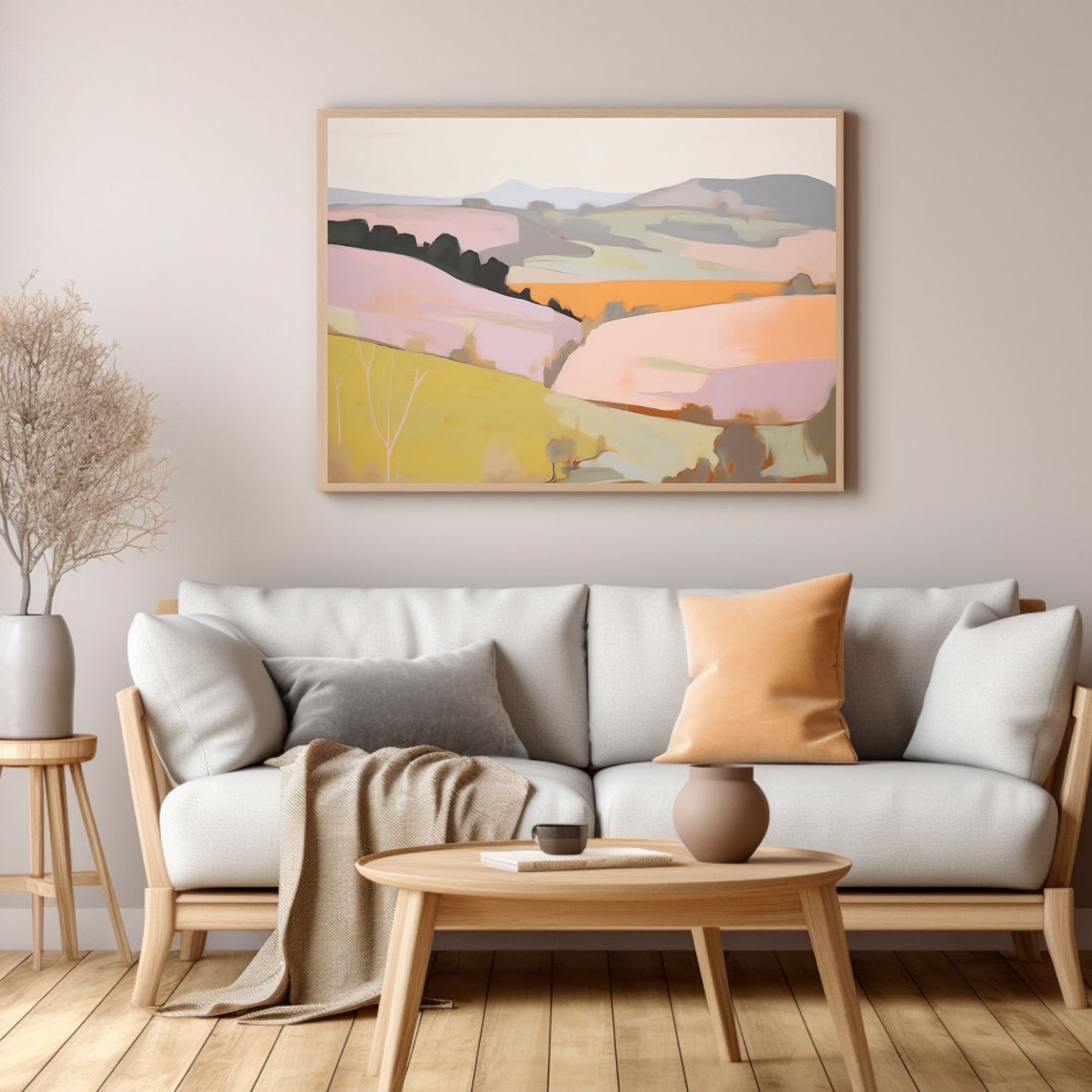 Pastel Pink and Lavender Rolling Hills Stylized Landscape Poster - Image 3