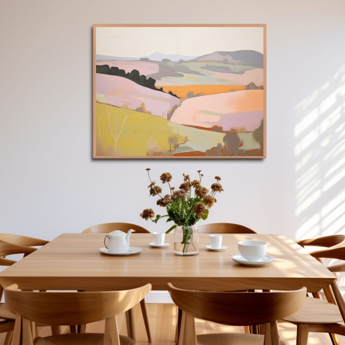 Pastel Pink and Lavender Rolling Hills Stylized Landscape Poster - Image 2