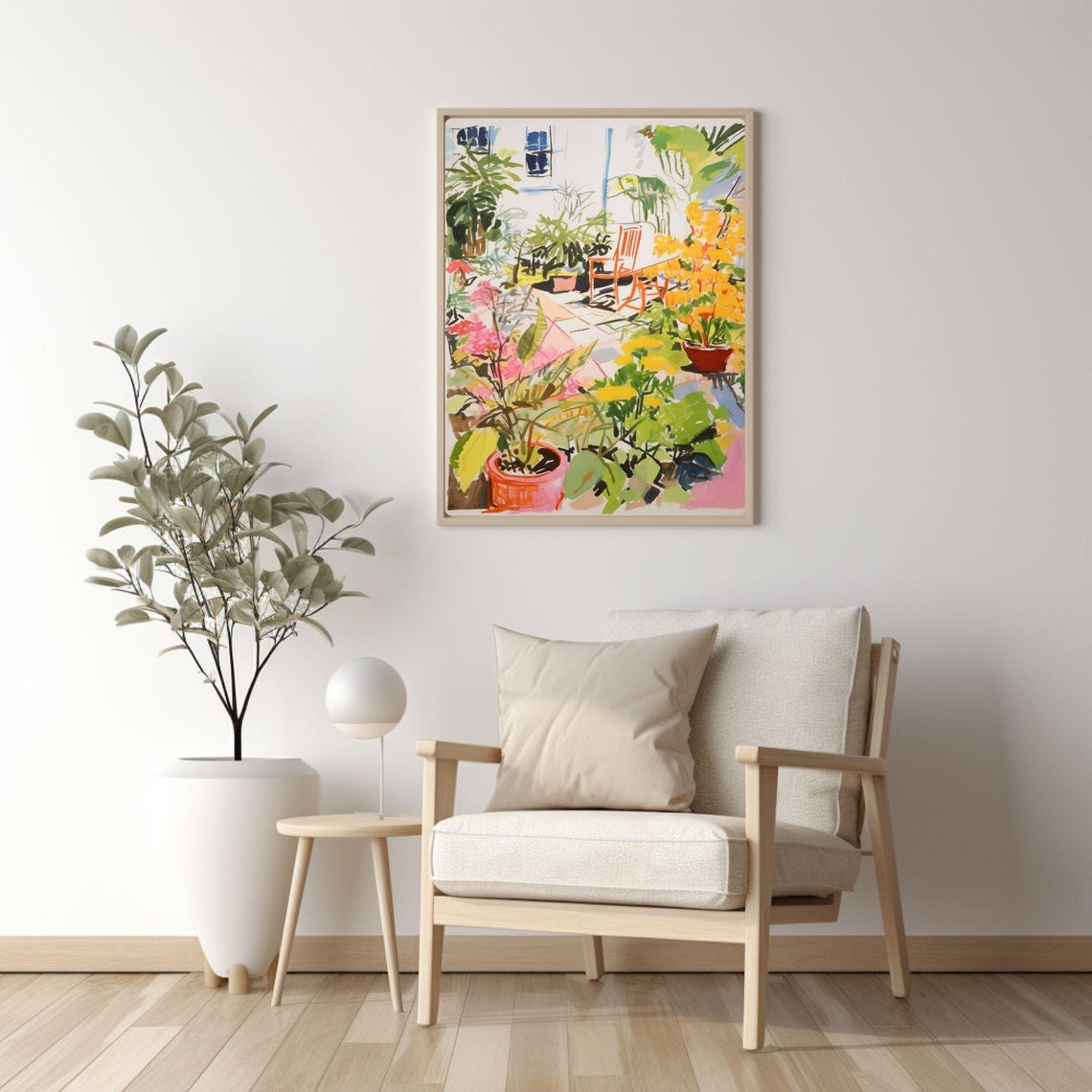 Vibrant Garden Patio with Red Chair and Golden Flowers Poster - Image 2