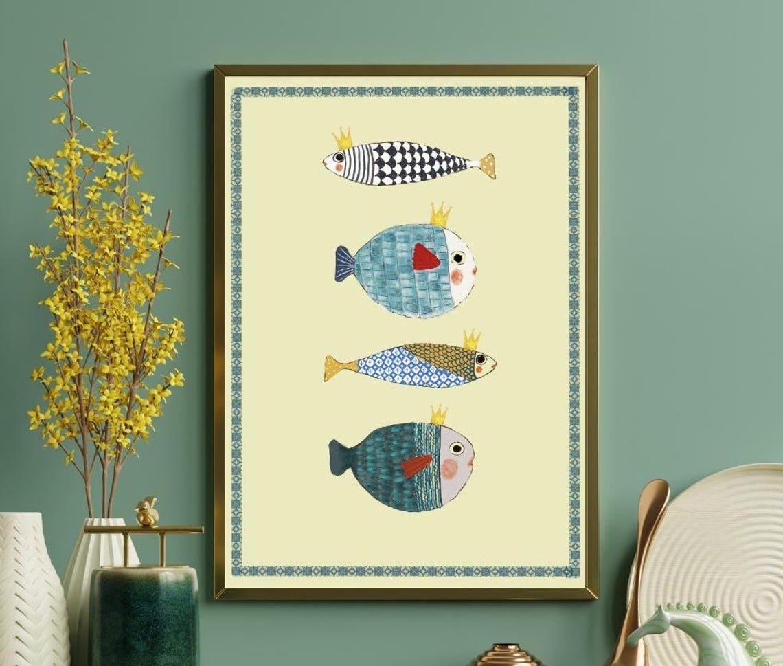 Four Whimsical Crowned Fish With Patterned Scales Nursery Poster - Image 3
